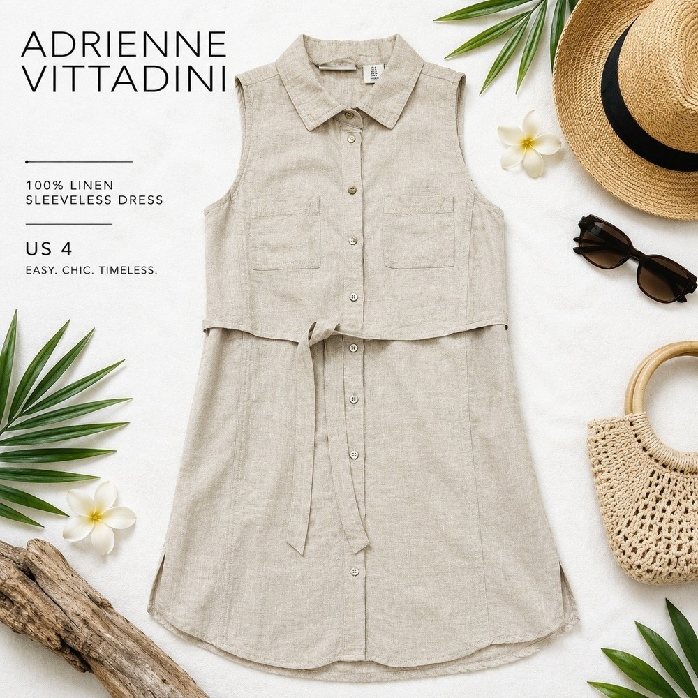 Adrienne Vittadini Linen Shirt Dress Womens 4 Beige Sleeveless Button Front Belt